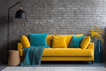 Bright yellow velvet sofa with blue pillows and cushions in front of a gray brick wall