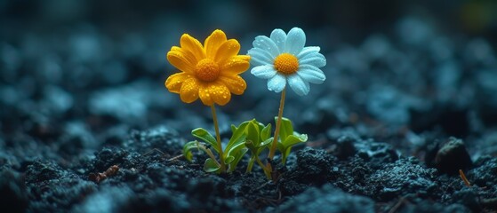 two yellow and white flowers sitting on top of a patch of black dirt next to each other on a sunny day. - obrazy, fototapety, plakaty