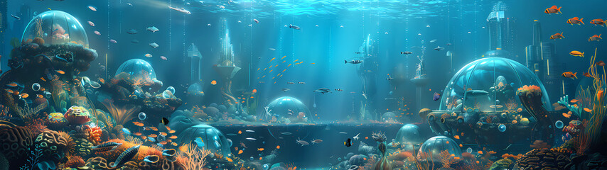 Subaquatic Dreams Dome-Covered Buildings Amidst Ocean Life - obrazy, fototapety, plakaty