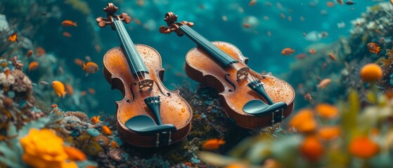a close up of two violin's on a coral with sea life in the background and orange flowers in the foreground.