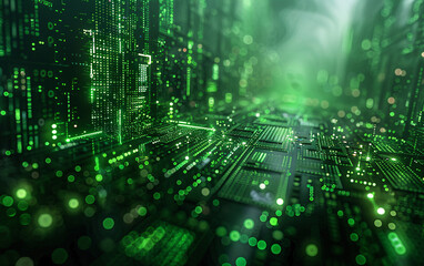 Green code technology glowing background, green dotted line microparticle waveform spiral internet technology big data background