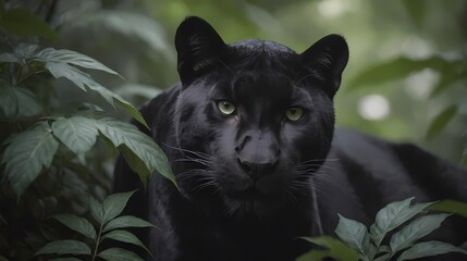 epic panther stares sharply through green jungle foliage,  Generative AI, Generative, AI - obrazy, fototapety, plakaty
