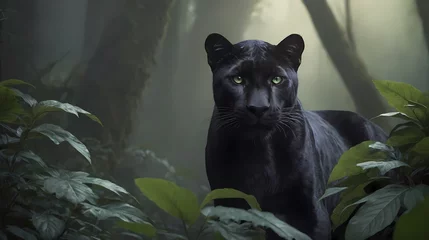 Fotobehang epic panther stares sharply through green jungle foliage,  Generative AI, Generative, AI © Evgenii