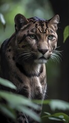 epic panther stares sharply through green jungle foliage,  Generative AI, Generative, AI