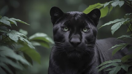 epic panther stares sharply through green jungle foliage,  Generative AI, Generative, AI