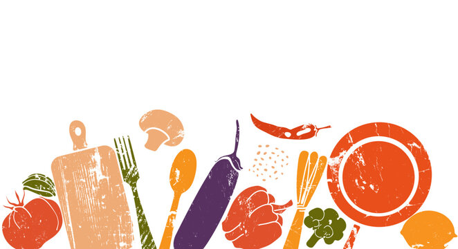 Hand drawn grunge vector illustration of healthy food and kitchen utensils isolated on white background. Culinary horizontal poster. 