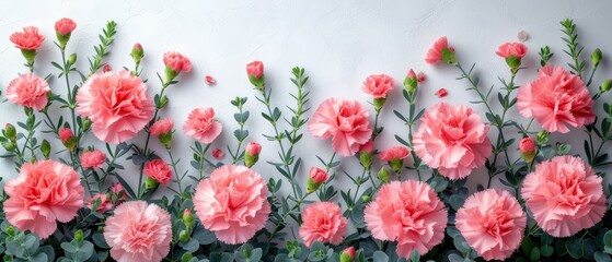 a group of pink carnations on a white wall with green leaves and flowers on the side of the wall.