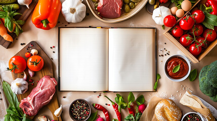 empty cookbook with lunch and dinner ingredients fresh vegetables meat and spices arround for recipe posting