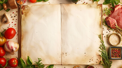 empty cookbook with lunch and dinner ingredients fresh vegetables meat and spices herbs arround for recipe posting