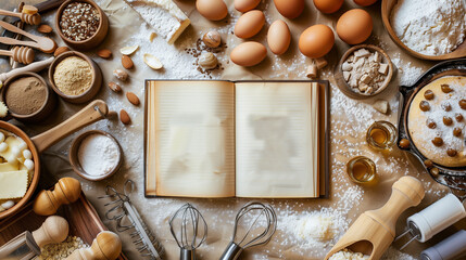 empty cookbook with baking ingredients arround for recipe posting