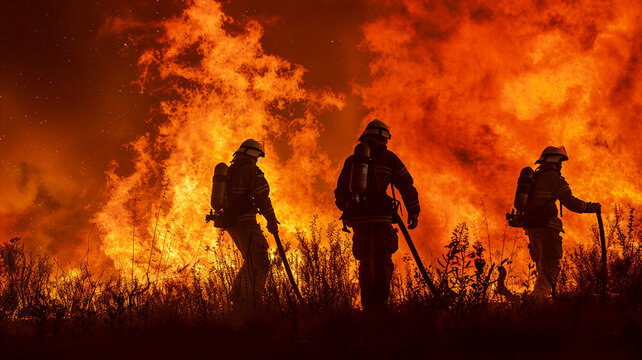silhouette of firemen fighting on the fire