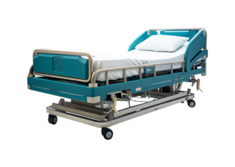 Empty blue bed of Hospital with pillow and blanket isolated on cut out PNG or transparent background. For use in hospital room awaits treatment from doctor. Patient room background, insurance concept.