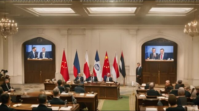 Panoramic view of diplomats negotiating peace treaties.
