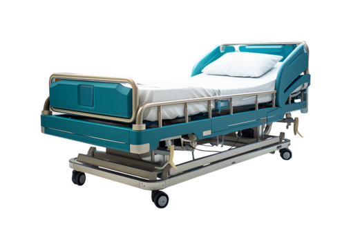 Empty blue bed of Hospital with pillow and blanket isolated on cut out PNG or transparent background. For use in hospital room awaits treatment from doctor. Patient room background, insurance concept.