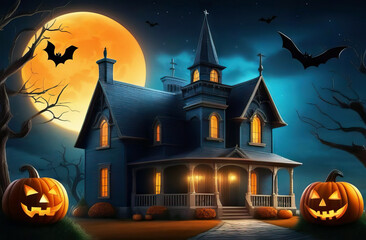 Fototapeta na wymiar terrifying Halloween landscape with an orange pumpkin in the foreground, a castle, a full moon in a dark forest and bats flying in the sky