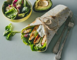 A whole wheat wrap filled with grilled chicken, avocado, spinach, and Greek yogurt dressing, partially rolled and displayed beside a vibrant salad, showcasing a health-conscious meal prep