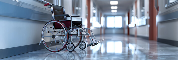 Empty wheelchair in modern hospital corridor interior in light colors Soft blurred background , Serene Healthcare Environment: Wheelchair in Modern Hospital Passage