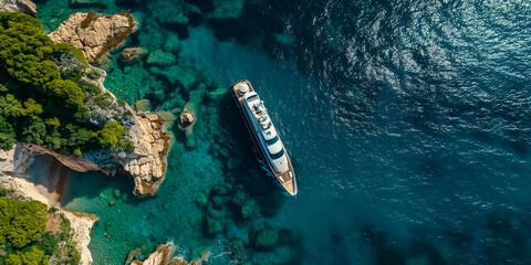 A large white tourist yacht sails along the cliffs. Mediterranean coast, tourism, cruise
