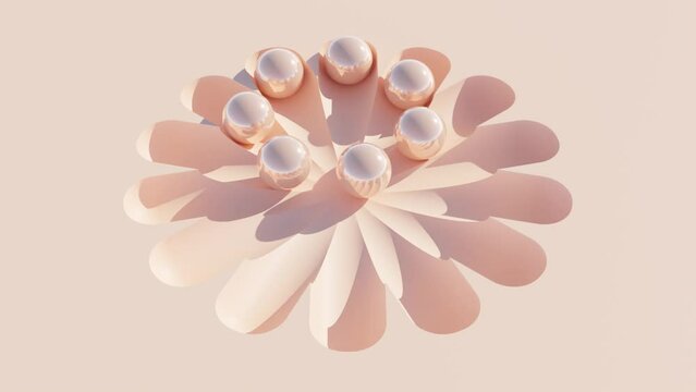 Abstract 3D dynamic. Seven Peach-Colored Balls Rolling in Seven Grooves, Creating a Synchronized Ballet