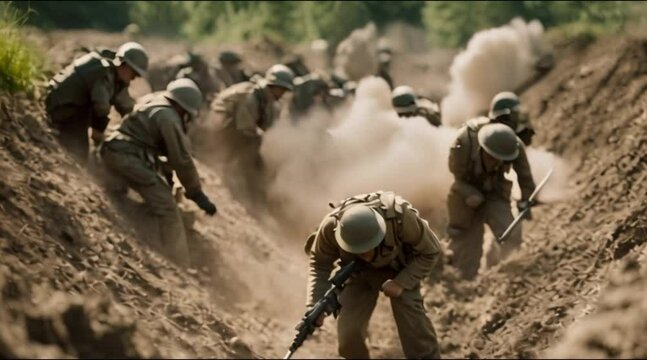 Tracking shot of soldiers digging trenches.
