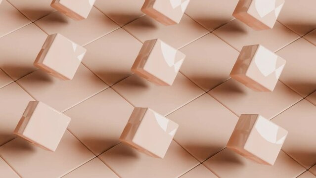 Abstract 3D design: Rows of Peach-Colored Cubes Moving Towards Each Other