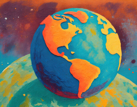 A vibrant, chunky clay-style illustration depicting planet Earth with a textured, handcrafted look, featuring bright and playful colors that give a whimsical, artistic representation of the globe.