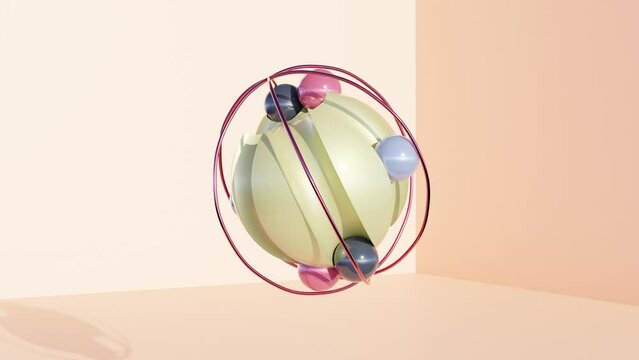 Abstract 3D motion graphic. Grooved Sphere in Metal Cage with Rolling Spheres Inside