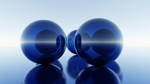 Abstract 3D animation. Dark Blue Glass Spheres Rotating in Circles on Mirrored Surface