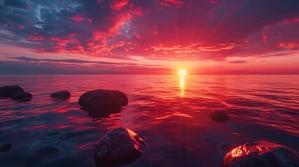 Nature's palette comes alive as the sun dips below the horizon, casting its fiery light upon the submerged rocks beneath the calm waters - obrazy, fototapety, plakaty