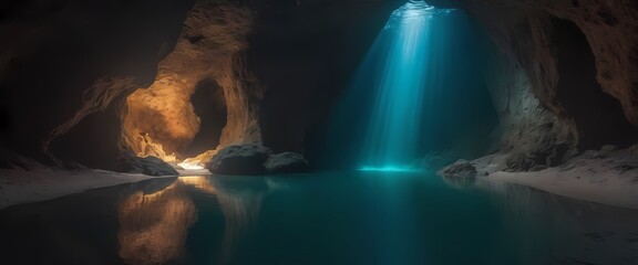 underwater view of a dark cave entrance, Generative AI, Generative, AI