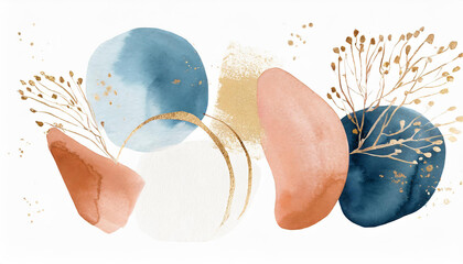 Abstract elements. Terracotta, blue, orange, blush, pink, ivory, beige watercolor Illustration and...
