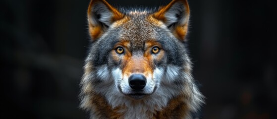 a close up of a wolf's face with an intense look on it's face and a blurry background.