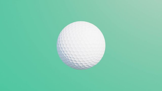 Golf ball rotates on a green background. Simple 3d object animation. Realistic sport equipment render