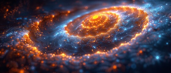 a close up of a spiral shaped object in the middle of a dark blue and orange space filled with stars.