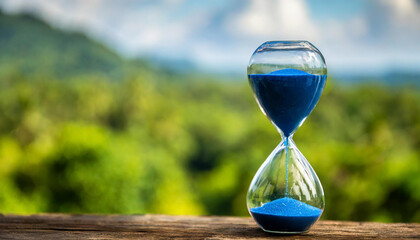 An hourglass with sand trickling down is in sharp focus in the foreground, symbolizing urgency, while a lush, dense rainforest teeming with biodiversity stretches out in the soft-focus background.