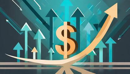 An illustration symbolizing financial success and profit growth, featuring a bold dollar sign with upward-pointing arrows, representing a positive trend in revenue and investments