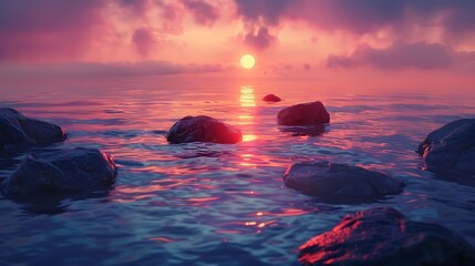 Nature's palette comes alive as the sun dips below the horizon, casting its fiery light upon the submerged rocks beneath the calm waters - obrazy, fototapety, plakaty