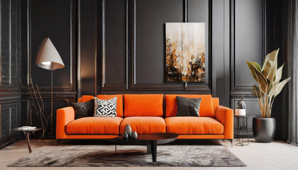 Black living room interior with orange sofa, 3d render