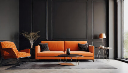Black living room interior with orange sofa, 3d render