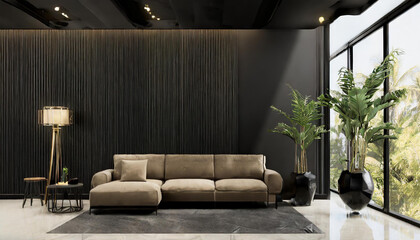 Black living room interior with sofa, minimalist interior background, 3d render