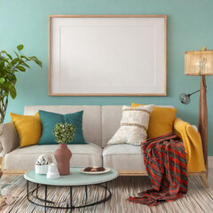 Blank frame and poster mock up in living room. Scandinavian interior. 3d rendering, 3d illustration