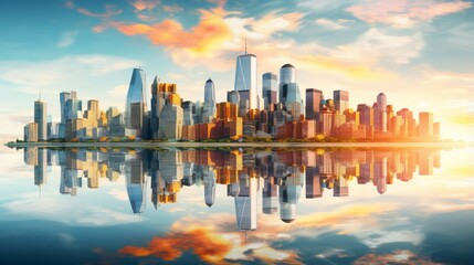 A radiant cityscape with reflections in water - obrazy, fototapety, plakaty