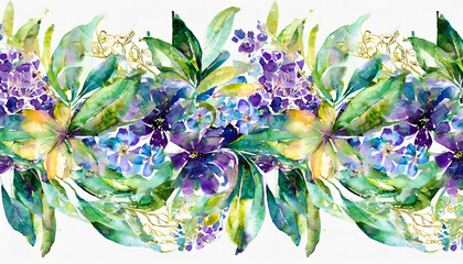 Bouquet border - green leaves and gold violet purple blue flowers on white background. Watercolor...