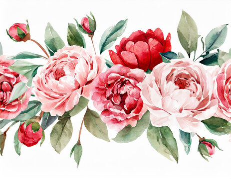 Border for wallpaper, watercolor pink and red flowers, garden roses, peonies. collection leaves, branches. Botanic illustration isolated on white background.