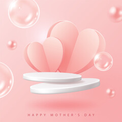 Mother's day poster for product demonstration. White pedestal or podium with hearts on pink background.