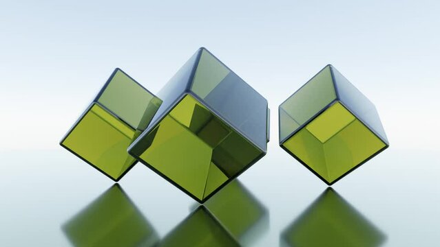 Abstract 3D motion graphic. Green Glass Cubes Rotating in Circles on Mirrored Surface