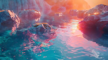 Shades of orange and pink mingle with the tranquil blue waters, illuminating the submerged stones...