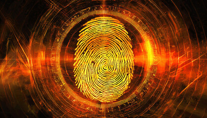 Digital fingerprint scan in fiery glow