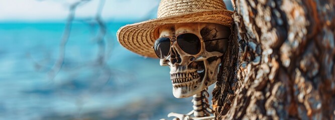 With the ocean in the backdrop, a charming little skeleton with a straw hat and sunglasses comes out from behind a tree trunk. - obrazy, fototapety, plakaty