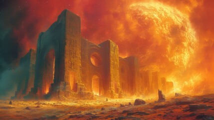 Fototapeta premium a painting of a fire burning in a desert with a giant structure in the foreground and a full moon in the background.